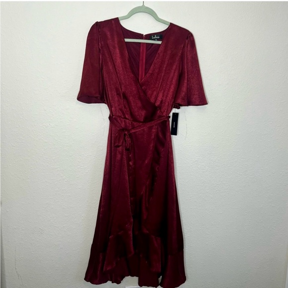 NWT Lulus Burgundy Satin Faux-Wrap Midi Dress - Picture 7 of 10